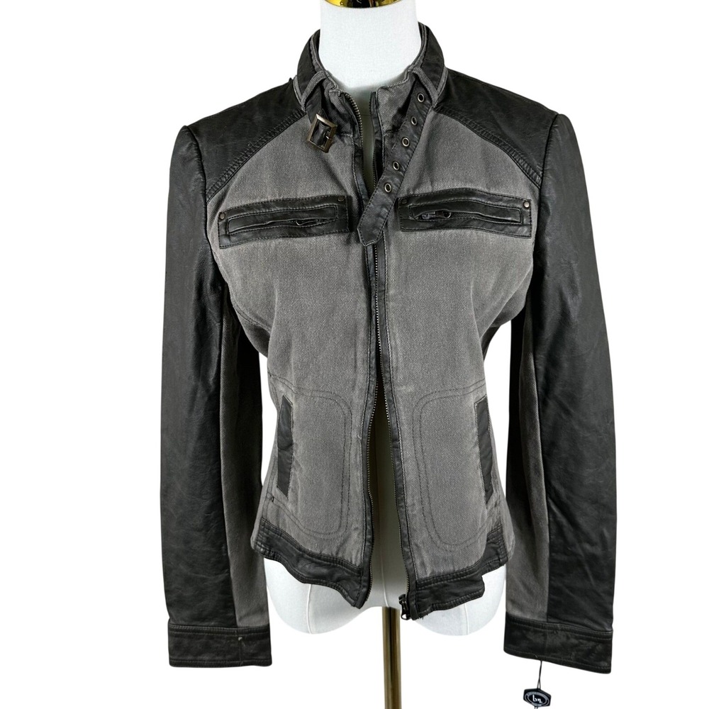 NWT Blanc Noir Moto Jacket Women M Green Distressed Industrial Faux Leather Read